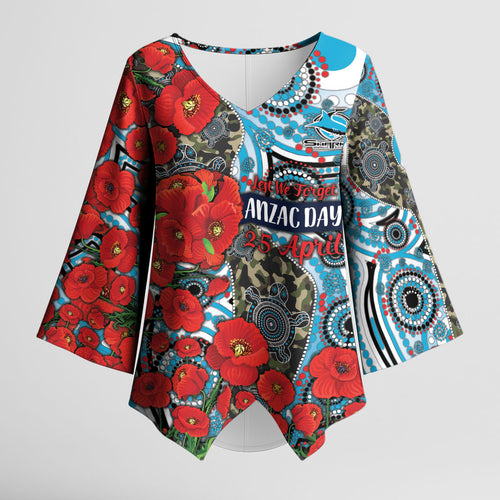 Personalised Cronulla Sharks ANZAC Kimono Sleeve Blouse Indigenous Wave Pattern Poppy Remembrance Shark Warrior