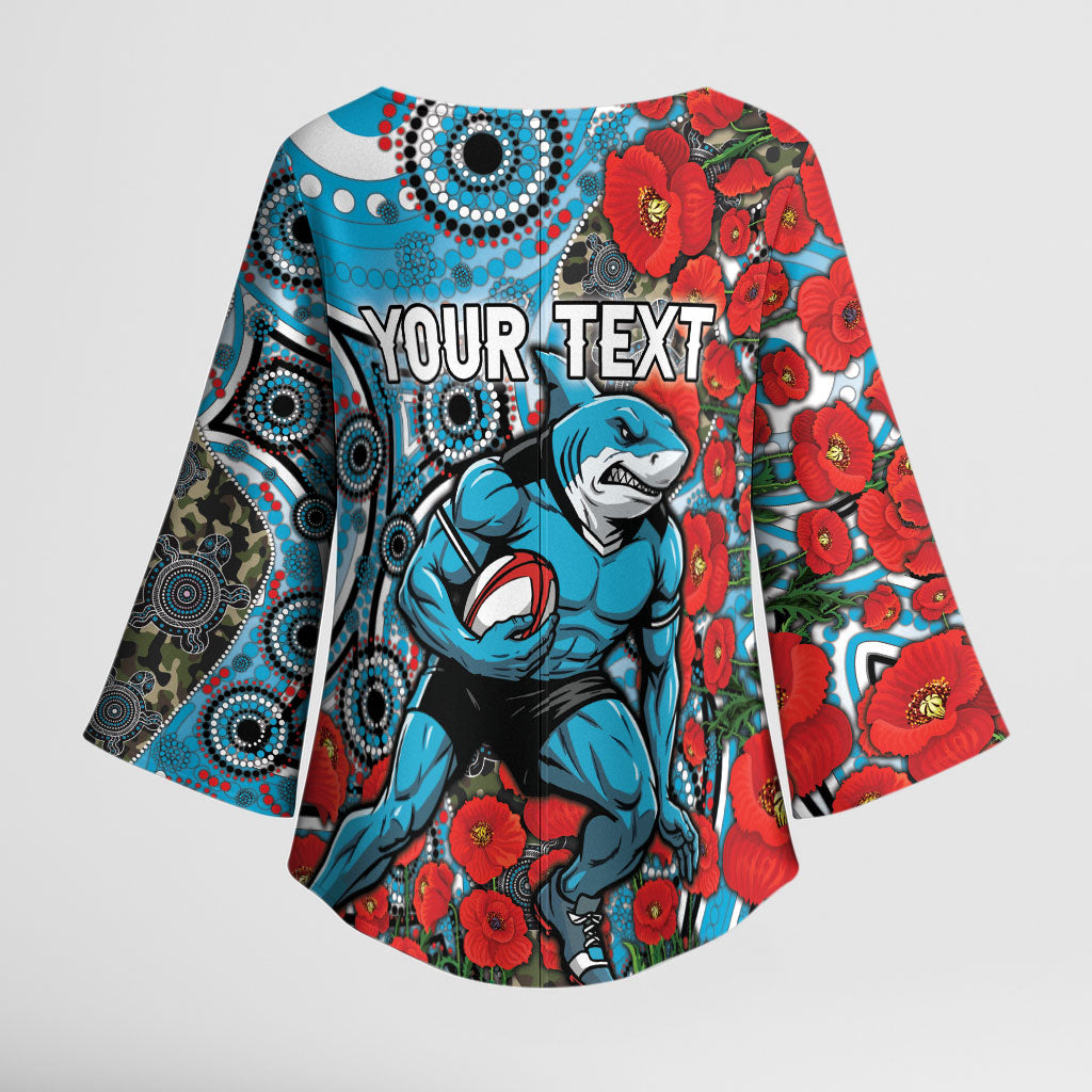 Personalised Cronulla Sharks ANZAC Kimono Sleeve Blouse Indigenous Wave Pattern Poppy Remembrance Shark Warrior