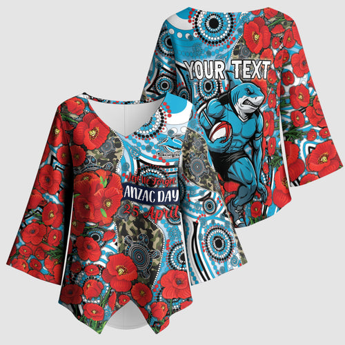 Personalised Cronulla Sharks ANZAC Kimono Sleeve Blouse Indigenous Wave Pattern Poppy Remembrance Shark Warrior