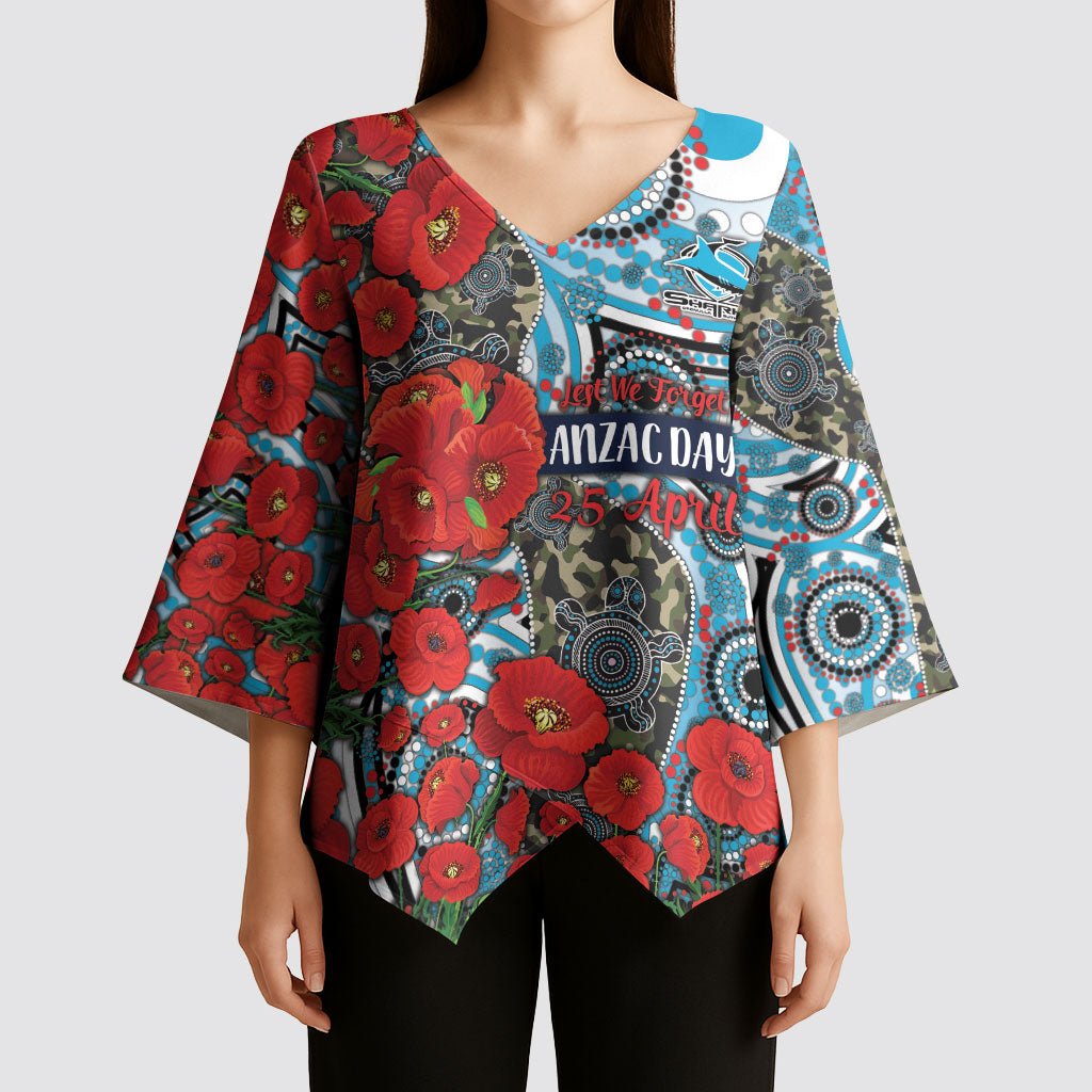 Personalised Cronulla Sharks ANZAC Kimono Sleeve Blouse Indigenous Wave Pattern Poppy Remembrance Shark Warrior