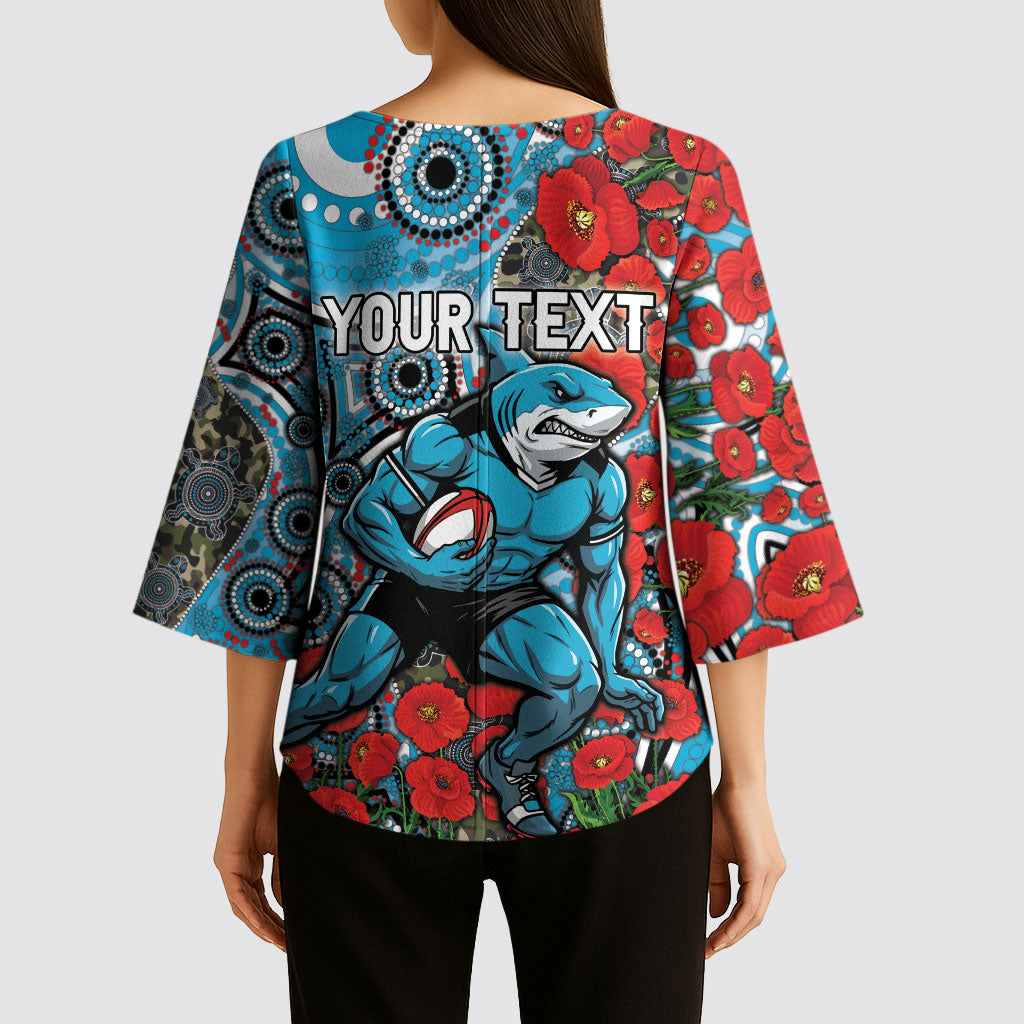 Personalised Cronulla Sharks ANZAC Kimono Sleeve Blouse Indigenous Wave Pattern Poppy Remembrance Shark Warrior