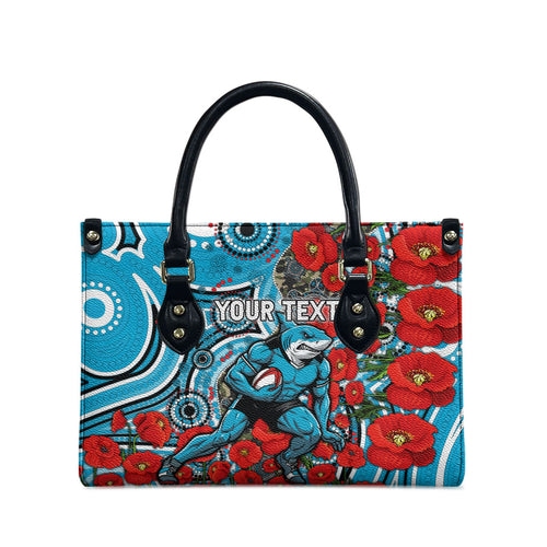 Personalised Cronulla Sharks ANZAC Leather Bag Indigenous Wave Pattern Poppy Remembrance Shark Warrior