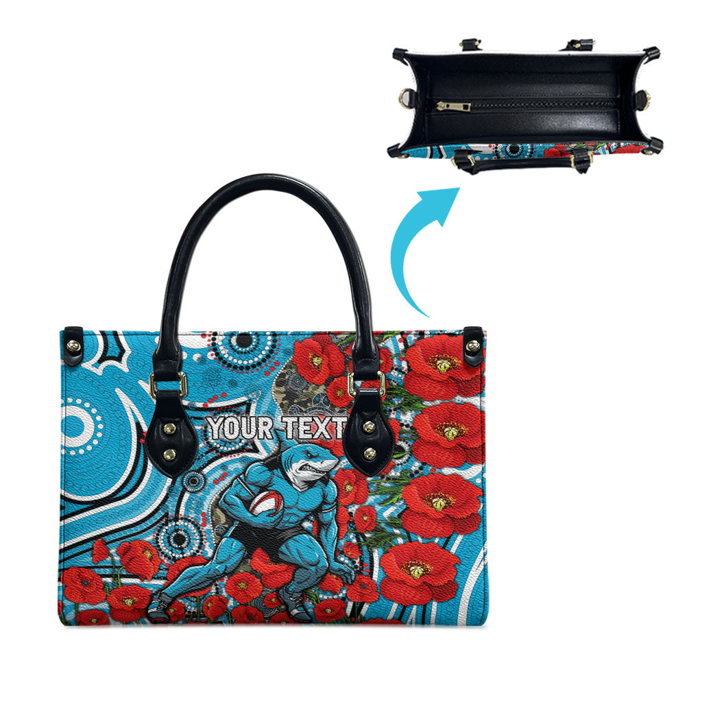 Personalised Cronulla Sharks ANZAC Leather Bag Indigenous Wave Pattern Poppy Remembrance Shark Warrior