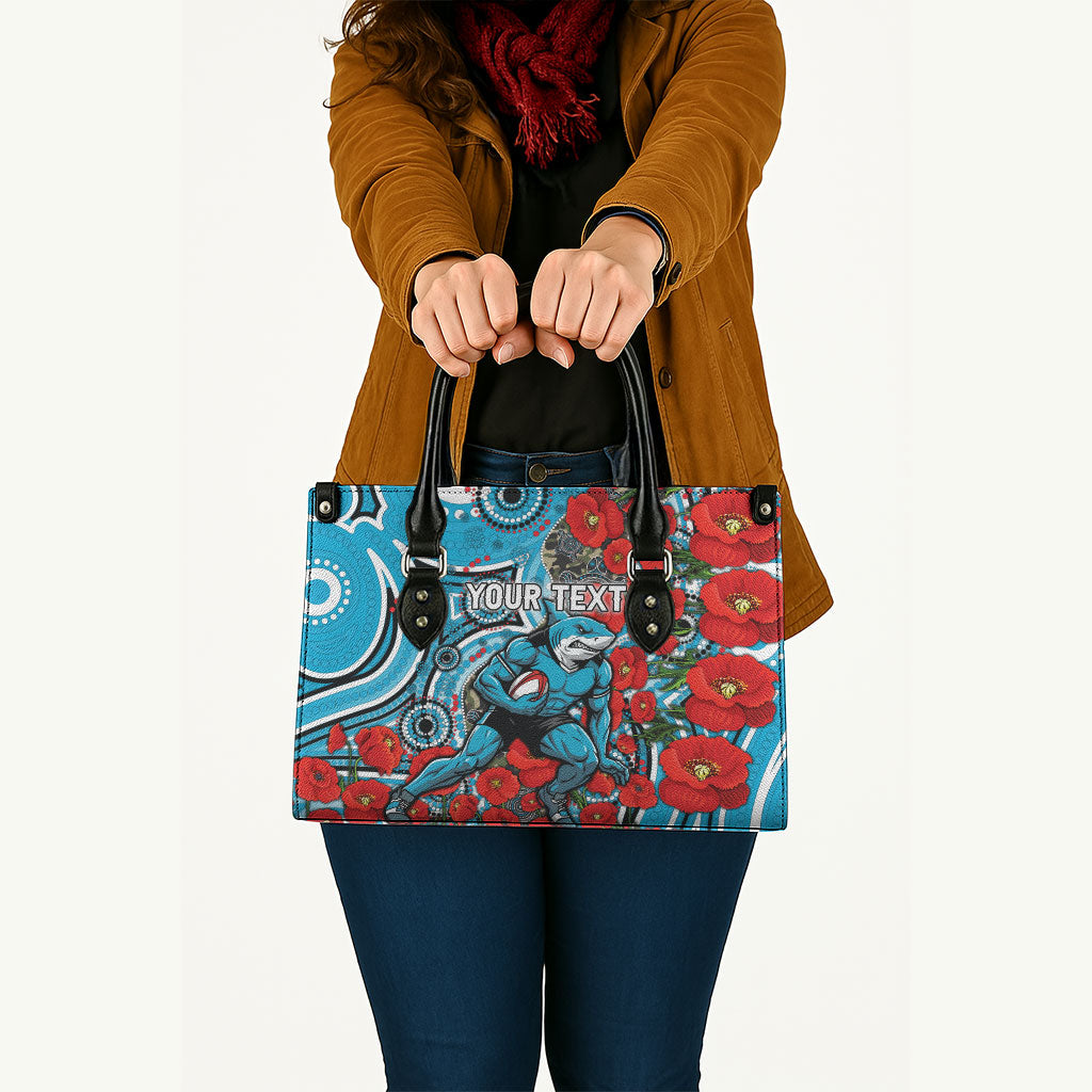 Personalised Cronulla Sharks ANZAC Leather Bag Indigenous Wave Pattern Poppy Remembrance Shark Warrior