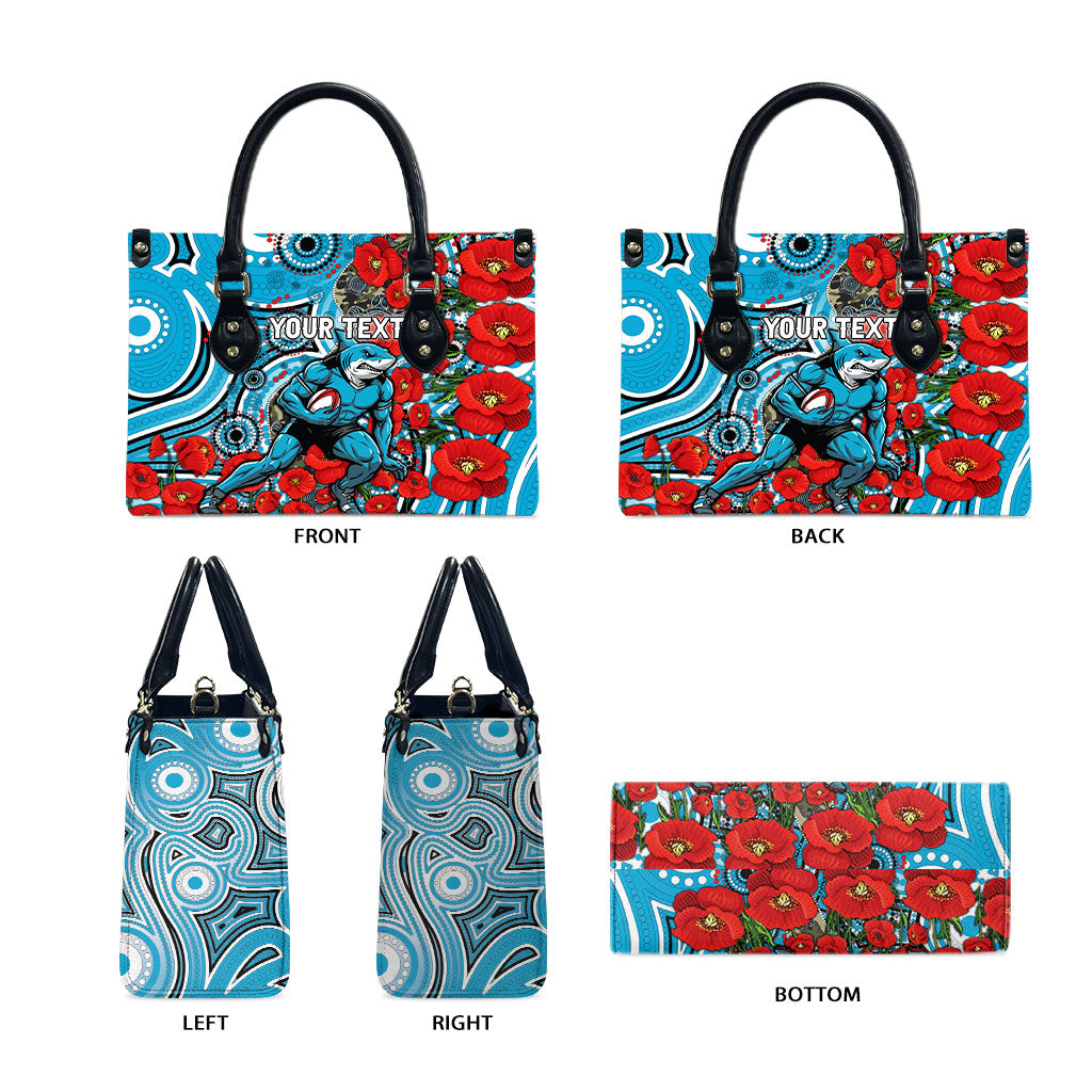 Personalised Cronulla Sharks ANZAC Leather Bag Indigenous Wave Pattern Poppy Remembrance Shark Warrior