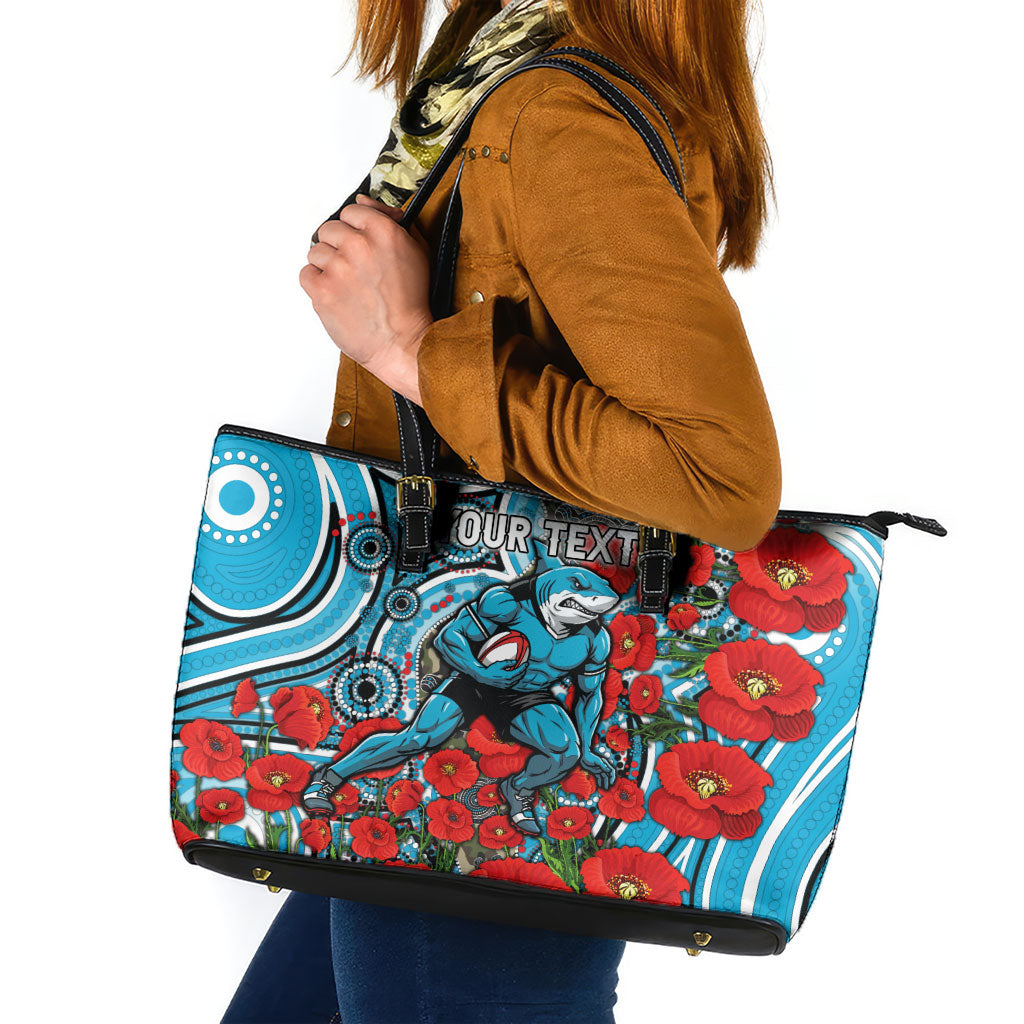 Personalised Cronulla Sharks ANZAC Leather Tote Bag Indigenous Wave Pattern Poppy Remembrance Shark Warrior
