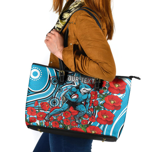 Personalised Cronulla Sharks ANZAC Leather Tote Bag Indigenous Wave Pattern Poppy Remembrance Shark Warrior