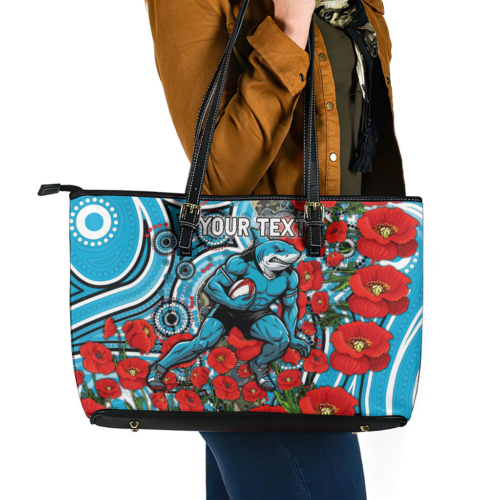 Personalised Cronulla Sharks ANZAC Leather Tote Bag Indigenous Wave Pattern Poppy Remembrance Shark Warrior