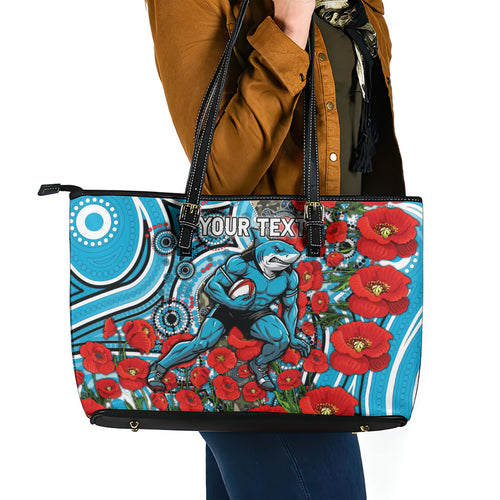 Personalised Cronulla Sharks ANZAC Leather Tote Bag Indigenous Wave Pattern Poppy Remembrance Shark Warrior