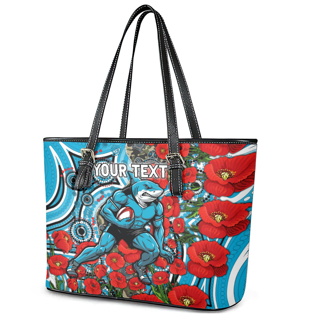 Personalised Cronulla Sharks ANZAC Leather Tote Bag Indigenous Wave Pattern Poppy Remembrance Shark Warrior