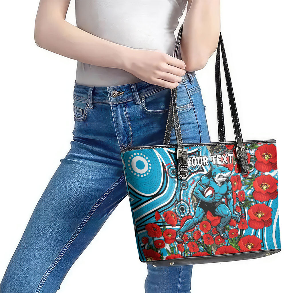 Personalised Cronulla Sharks ANZAC Leather Tote Bag Indigenous Wave Pattern Poppy Remembrance Shark Warrior