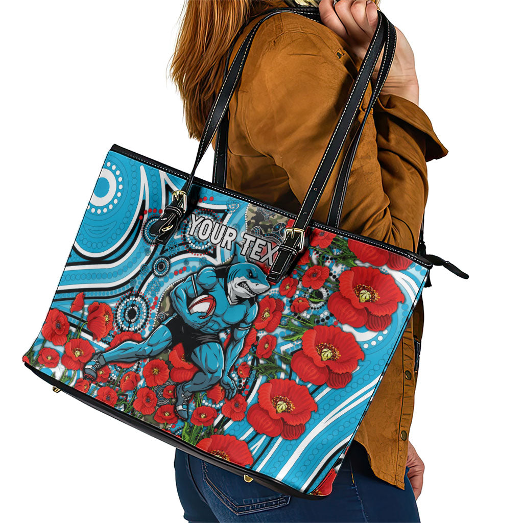 Personalised Cronulla Sharks ANZAC Leather Tote Bag Indigenous Wave Pattern Poppy Remembrance Shark Warrior