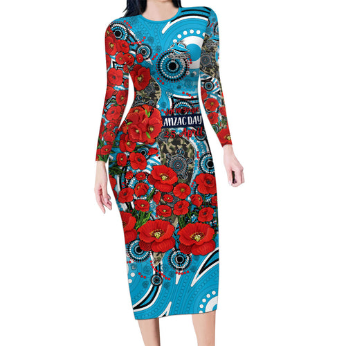 Personalised Cronulla Sharks ANZAC Long Sleeve Bodycon Dress Indigenous Wave Pattern Poppy Remembrance Shark Warrior