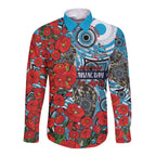 Personalised Cronulla Sharks ANZAC Long Sleeve Button Shirt Indigenous Wave Pattern Poppy Remembrance Shark Warrior