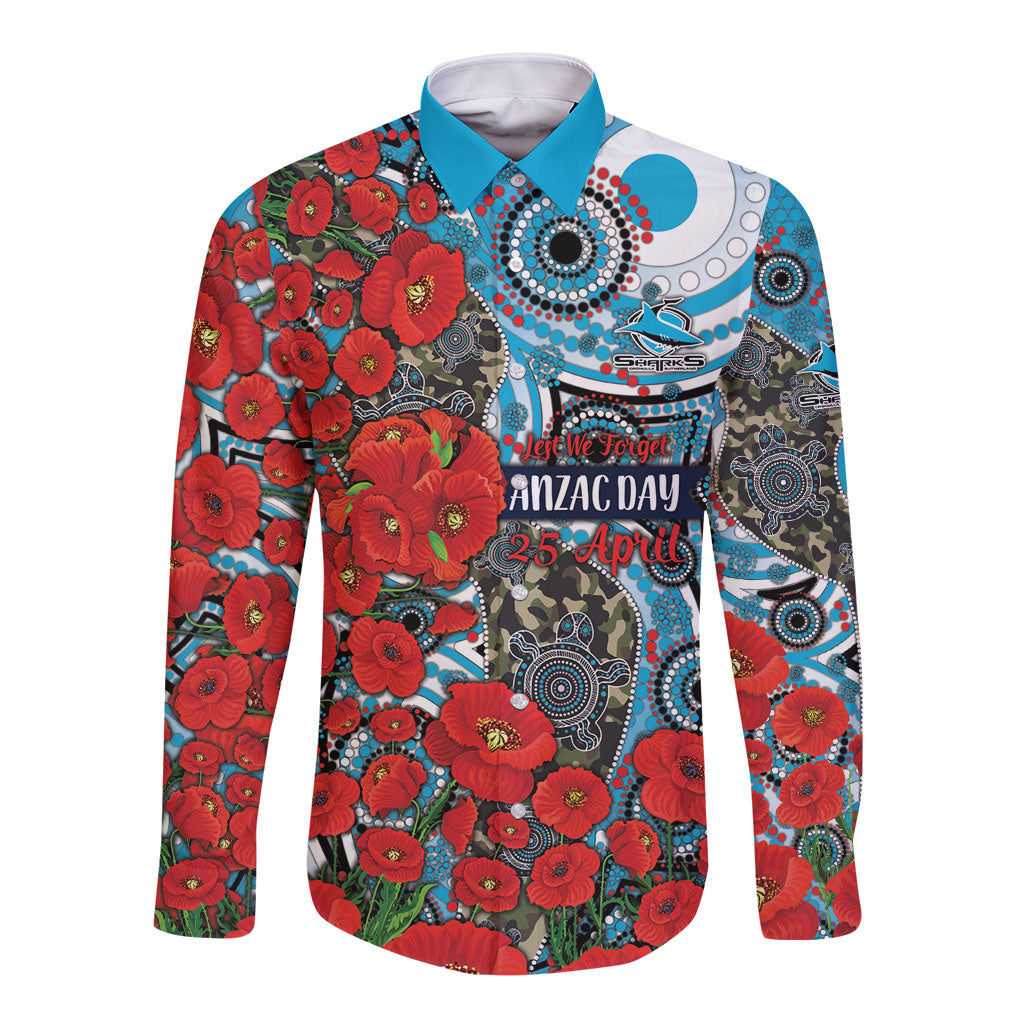 Personalised Cronulla Sharks ANZAC Long Sleeve Button Shirt Indigenous Wave Pattern Poppy Remembrance Shark Warrior