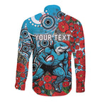 Personalised Cronulla Sharks ANZAC Long Sleeve Button Shirt Indigenous Wave Pattern Poppy Remembrance Shark Warrior