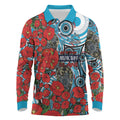 Personalised Cronulla Sharks ANZAC Long Sleeve Polo Shirt Indigenous Wave Pattern Poppy Remembrance Shark Warrior