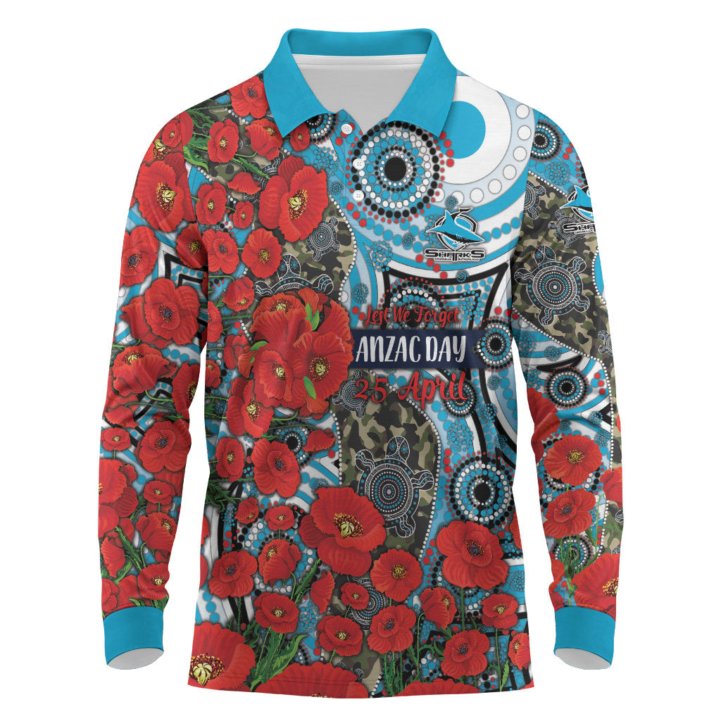 Personalised Cronulla Sharks ANZAC Long Sleeve Polo Shirt Indigenous Wave Pattern Poppy Remembrance Shark Warrior