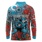 Personalised Cronulla Sharks ANZAC Long Sleeve Polo Shirt Indigenous Wave Pattern Poppy Remembrance Shark Warrior