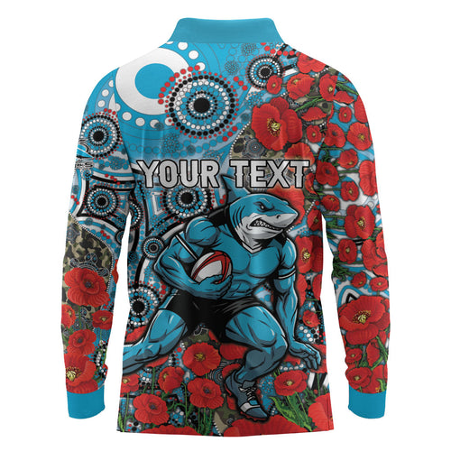 Personalised Cronulla Sharks ANZAC Long Sleeve Polo Shirt Indigenous Wave Pattern Poppy Remembrance Shark Warrior