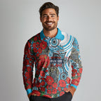 Personalised Cronulla Sharks ANZAC Long Sleeve Polo Shirt Indigenous Wave Pattern Poppy Remembrance Shark Warrior