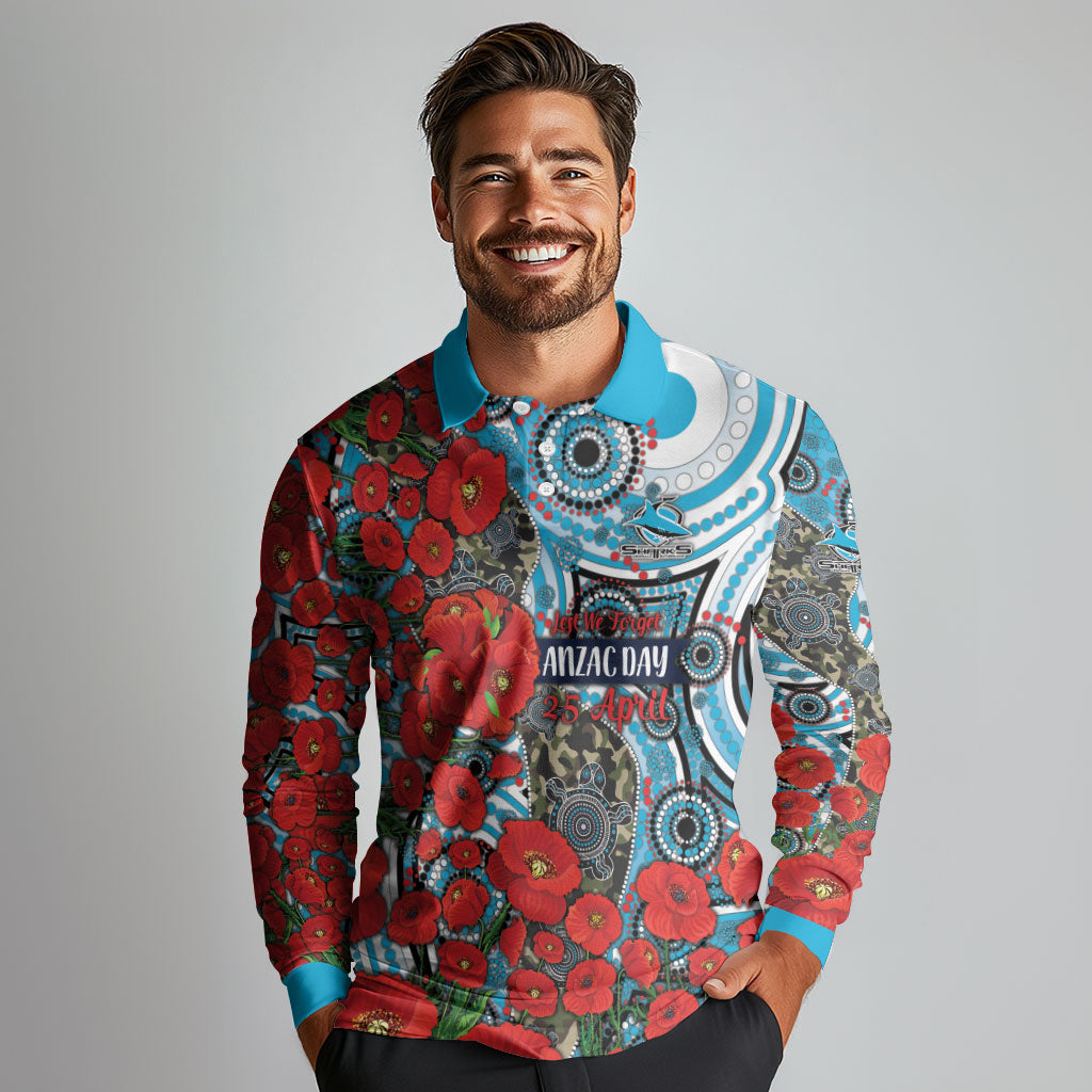 Personalised Cronulla Sharks ANZAC Long Sleeve Polo Shirt Indigenous Wave Pattern Poppy Remembrance Shark Warrior