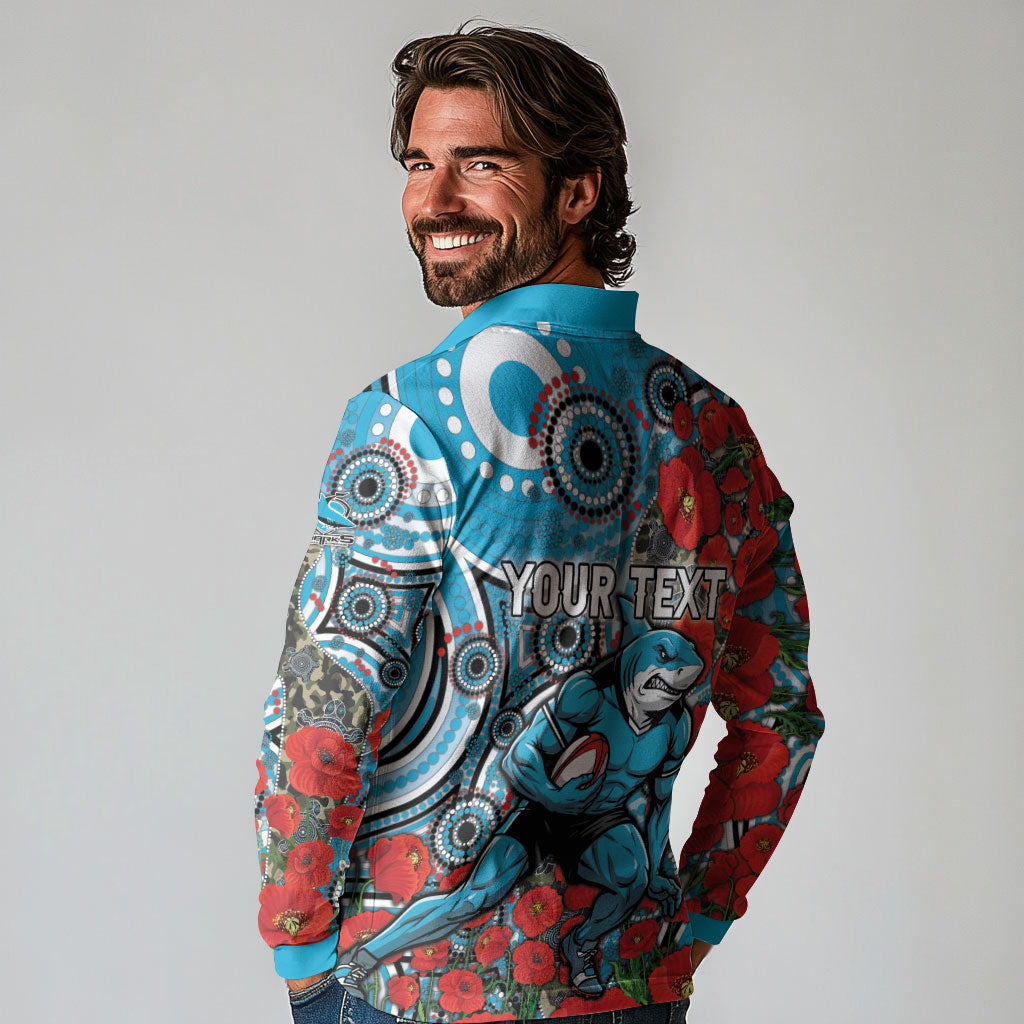 Personalised Cronulla Sharks ANZAC Long Sleeve Polo Shirt Indigenous Wave Pattern Poppy Remembrance Shark Warrior
