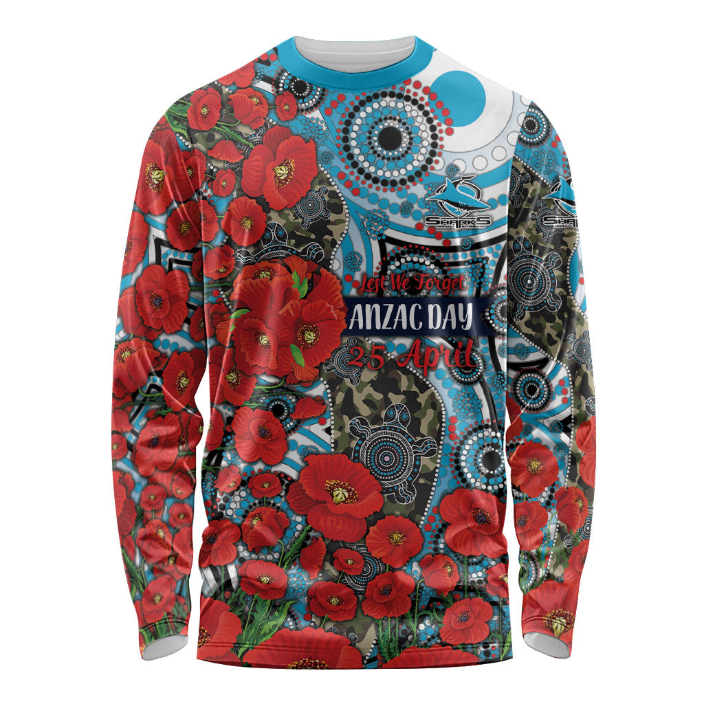 Personalised Cronulla Sharks ANZAC Long Sleeve Shirt Indigenous Wave Pattern Poppy Remembrance Shark Warrior