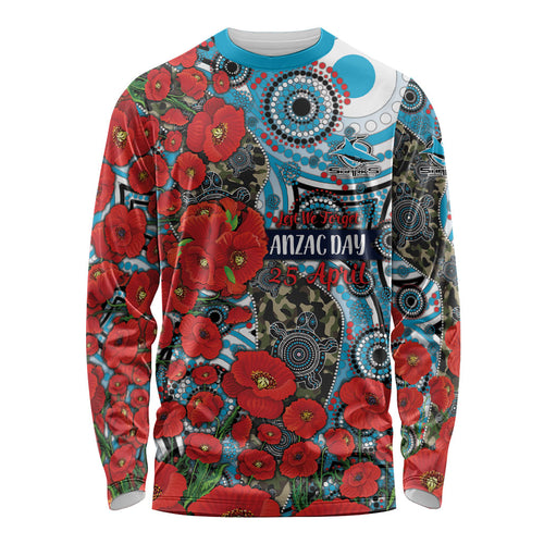 Personalised Cronulla Sharks ANZAC Long Sleeve Shirt Indigenous Wave Pattern Poppy Remembrance Shark Warrior