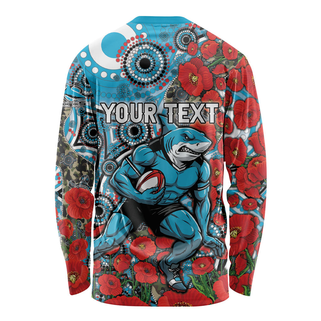 Personalised Cronulla Sharks ANZAC Long Sleeve Shirt Indigenous Wave Pattern Poppy Remembrance Shark Warrior