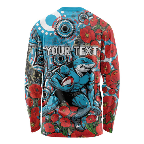 Personalised Cronulla Sharks ANZAC Long Sleeve Shirt Indigenous Wave Pattern Poppy Remembrance Shark Warrior