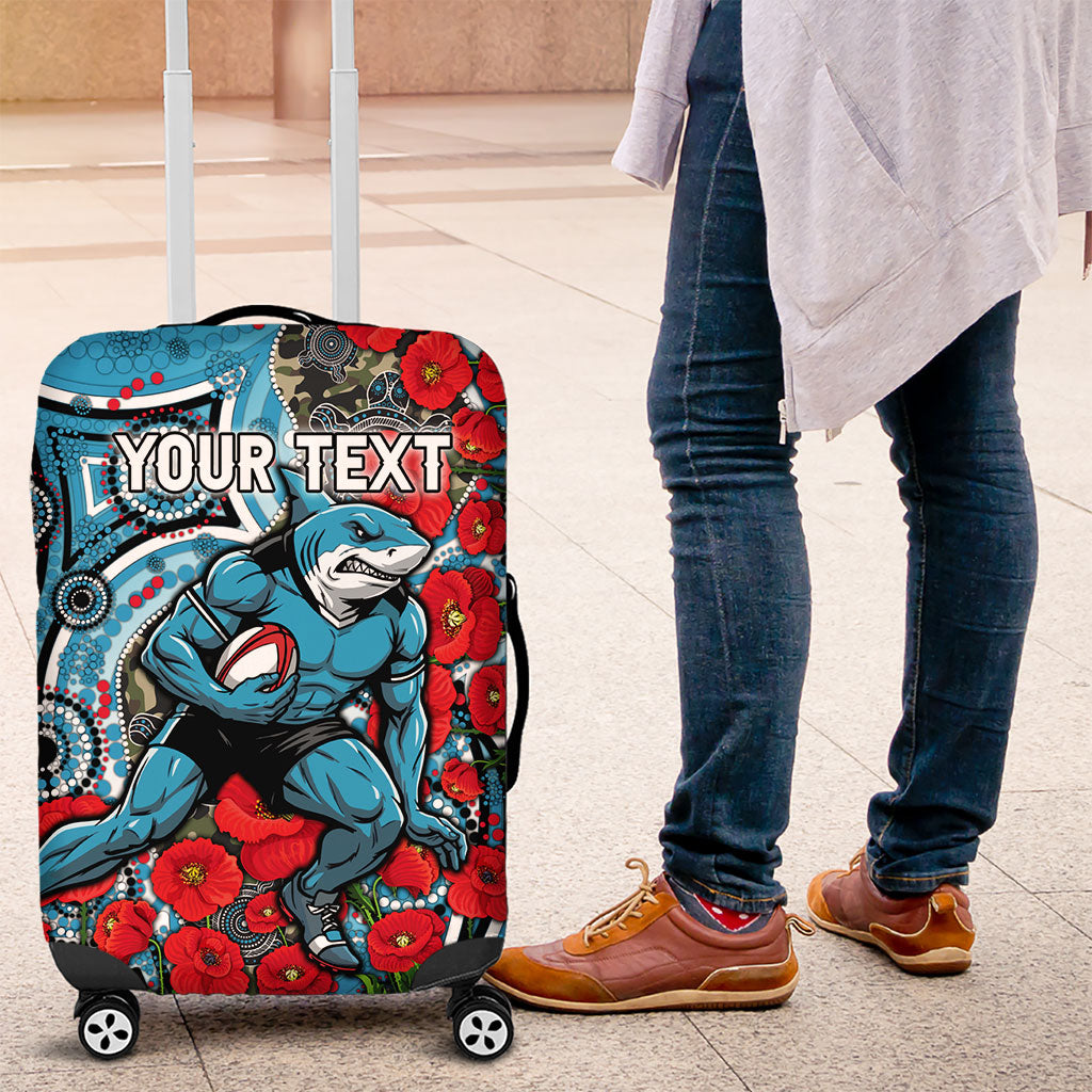 Personalised Cronulla Sharks ANZAC Luggage Cover Indigenous Wave Pattern Poppy Remembrance Shark Warrior