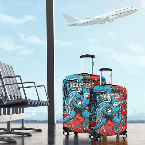 Personalised Cronulla Sharks ANZAC Luggage Cover Indigenous Wave Pattern Poppy Remembrance Shark Warrior