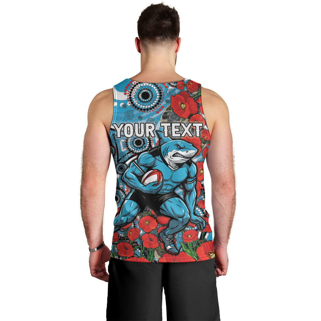 Personalised Cronulla Sharks ANZAC Men Tank Top Indigenous Wave Pattern Poppy Remembrance Shark Warrior