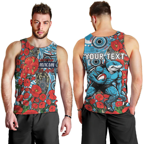 Personalised Cronulla Sharks ANZAC Men Tank Top Indigenous Wave Pattern Poppy Remembrance Shark Warrior