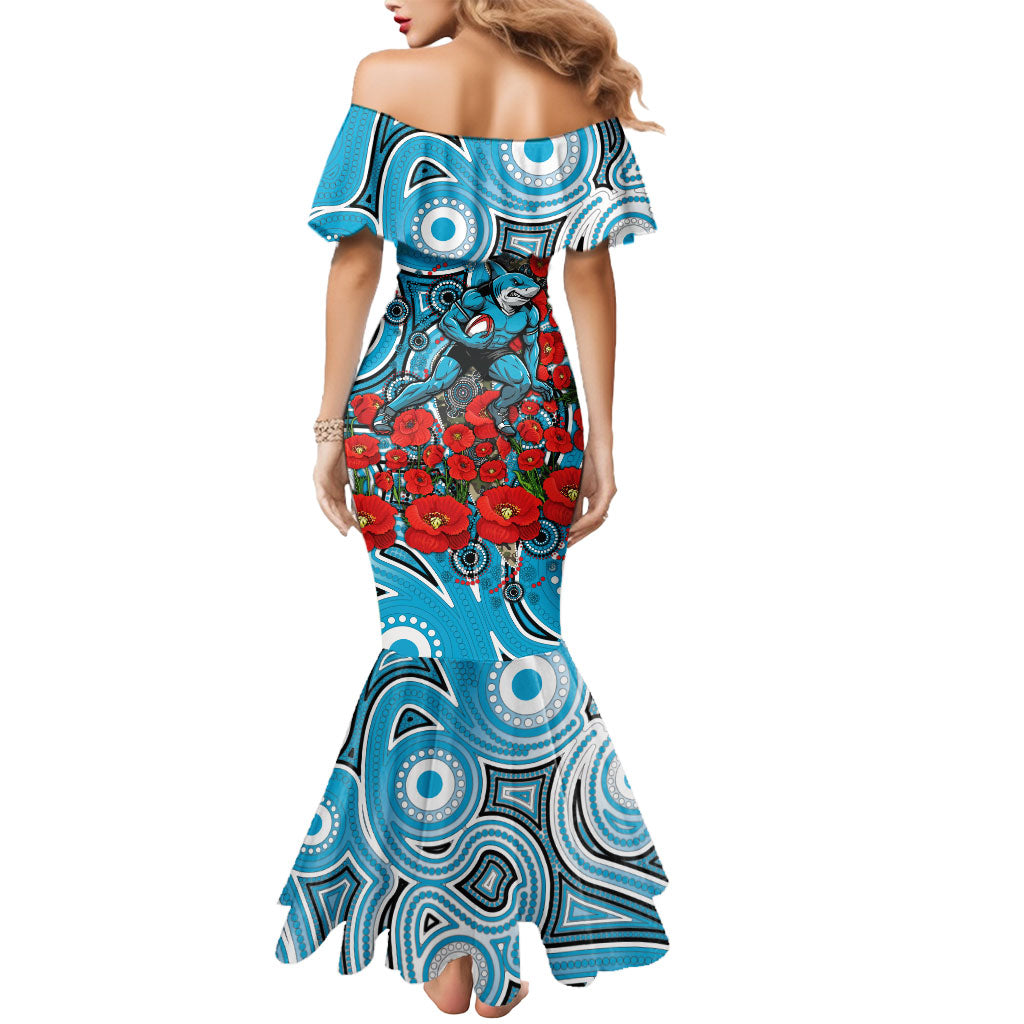 Personalised Cronulla Sharks ANZAC Mermaid Dress Indigenous Wave Pattern Poppy Remembrance Shark Warrior