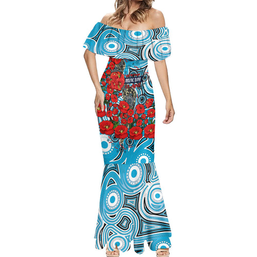 Personalised Cronulla Sharks ANZAC Mermaid Dress Indigenous Wave Pattern Poppy Remembrance Shark Warrior