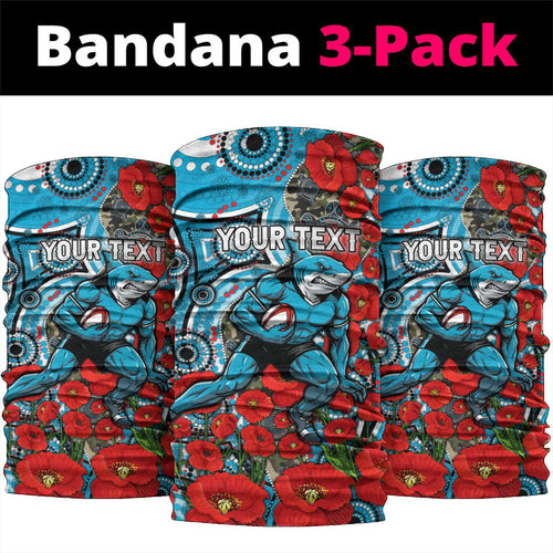 Personalised Cronulla Sharks ANZAC Neck Gaiter Indigenous Wave Pattern Poppy Remembrance Shark Warrior