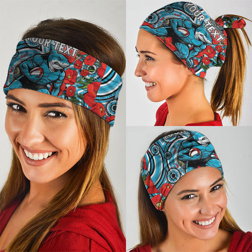 Personalised Cronulla Sharks ANZAC Neck Gaiter Indigenous Wave Pattern Poppy Remembrance Shark Warrior