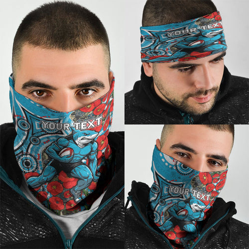 Personalised Cronulla Sharks ANZAC Neck Gaiter Indigenous Wave Pattern Poppy Remembrance Shark Warrior
