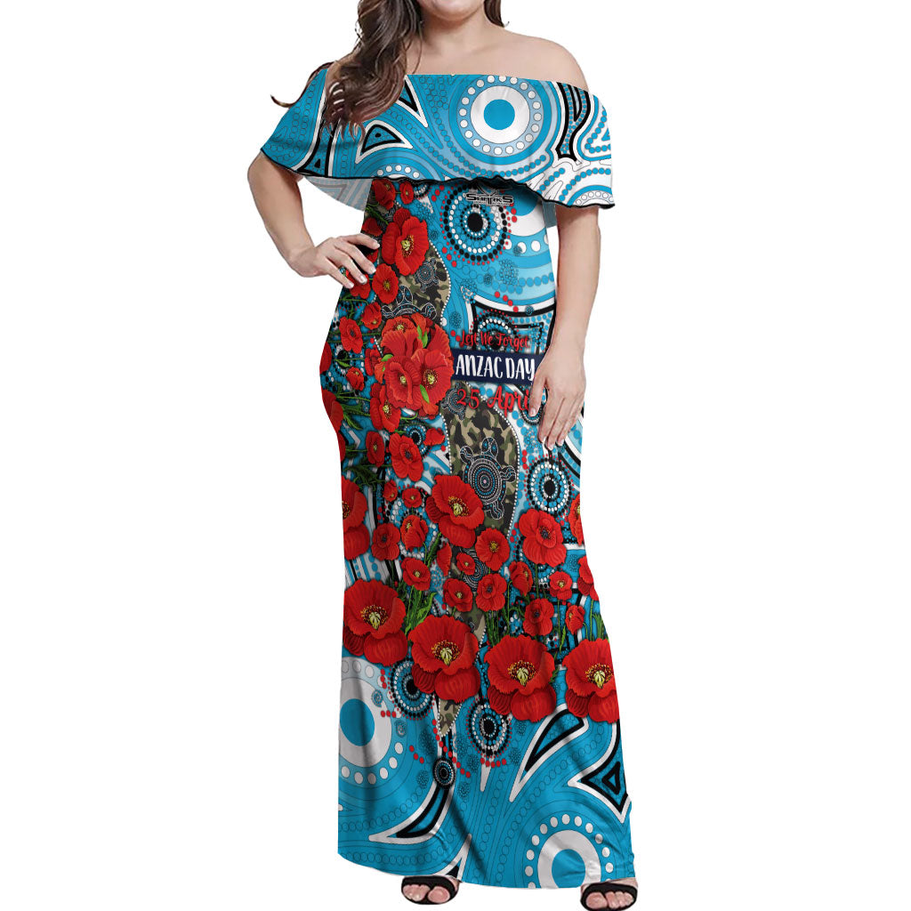 Personalised Cronulla Sharks ANZAC Off Shoulder Maxi Dress Indigenous Wave Pattern Poppy Remembrance Shark Warrior
