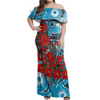 Personalised Cronulla Sharks ANZAC Off Shoulder Maxi Dress Indigenous Wave Pattern Poppy Remembrance Shark Warrior