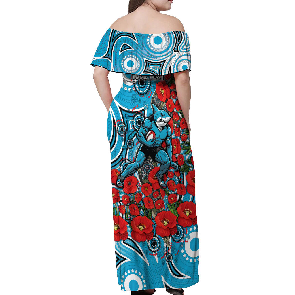 Personalised Cronulla Sharks ANZAC Off Shoulder Maxi Dress Indigenous Wave Pattern Poppy Remembrance Shark Warrior