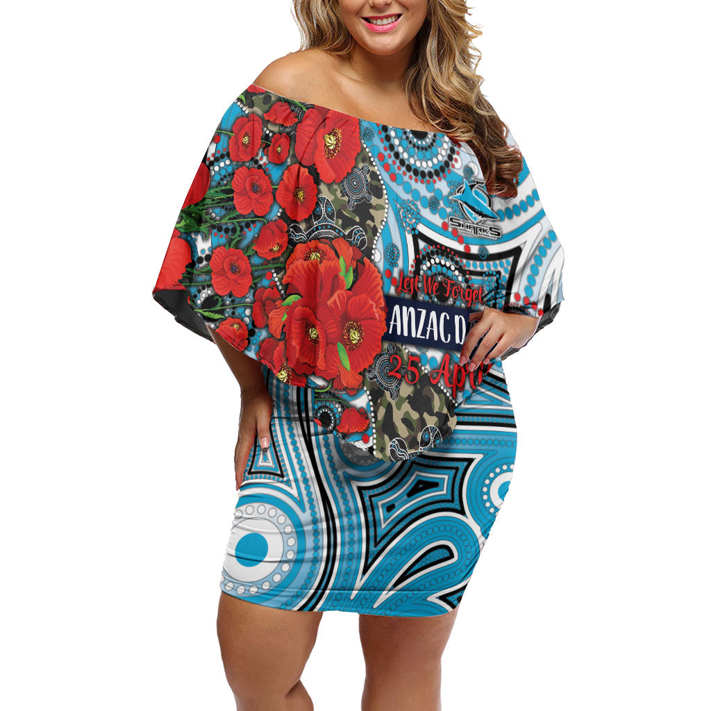 Personalised Cronulla Sharks ANZAC Off Shoulder Short Dress Indigenous Wave Pattern Poppy Remembrance Shark Warrior
