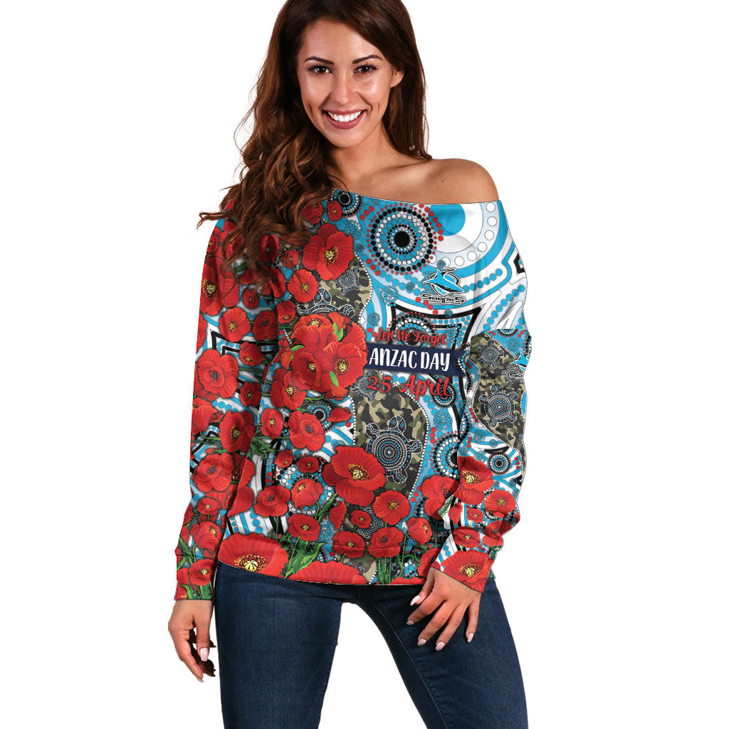 Personalised Cronulla Sharks ANZAC Off Shoulder Sweater Indigenous Wave Pattern Poppy Remembrance Shark Warrior
