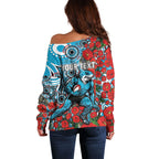 Personalised Cronulla Sharks ANZAC Off Shoulder Sweater Indigenous Wave Pattern Poppy Remembrance Shark Warrior