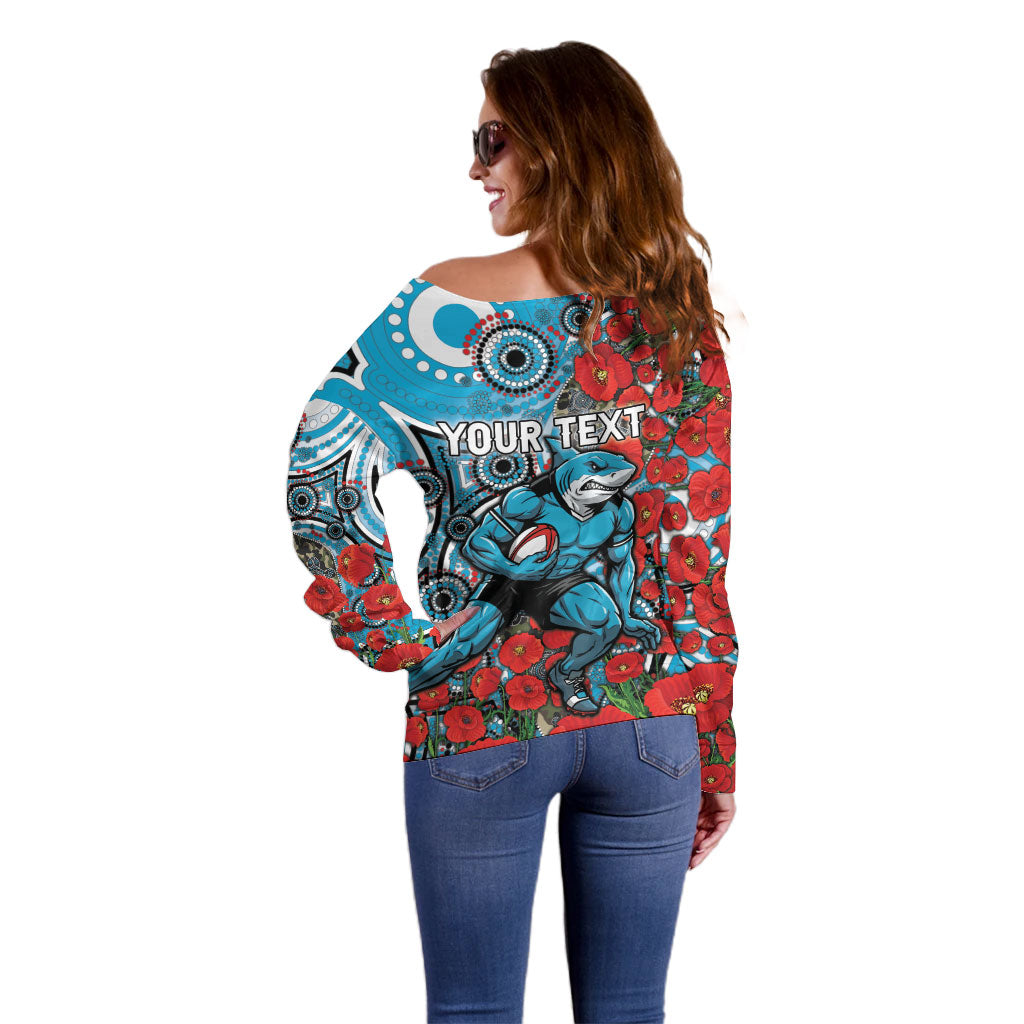 Personalised Cronulla Sharks ANZAC Off Shoulder Sweater Indigenous Wave Pattern Poppy Remembrance Shark Warrior