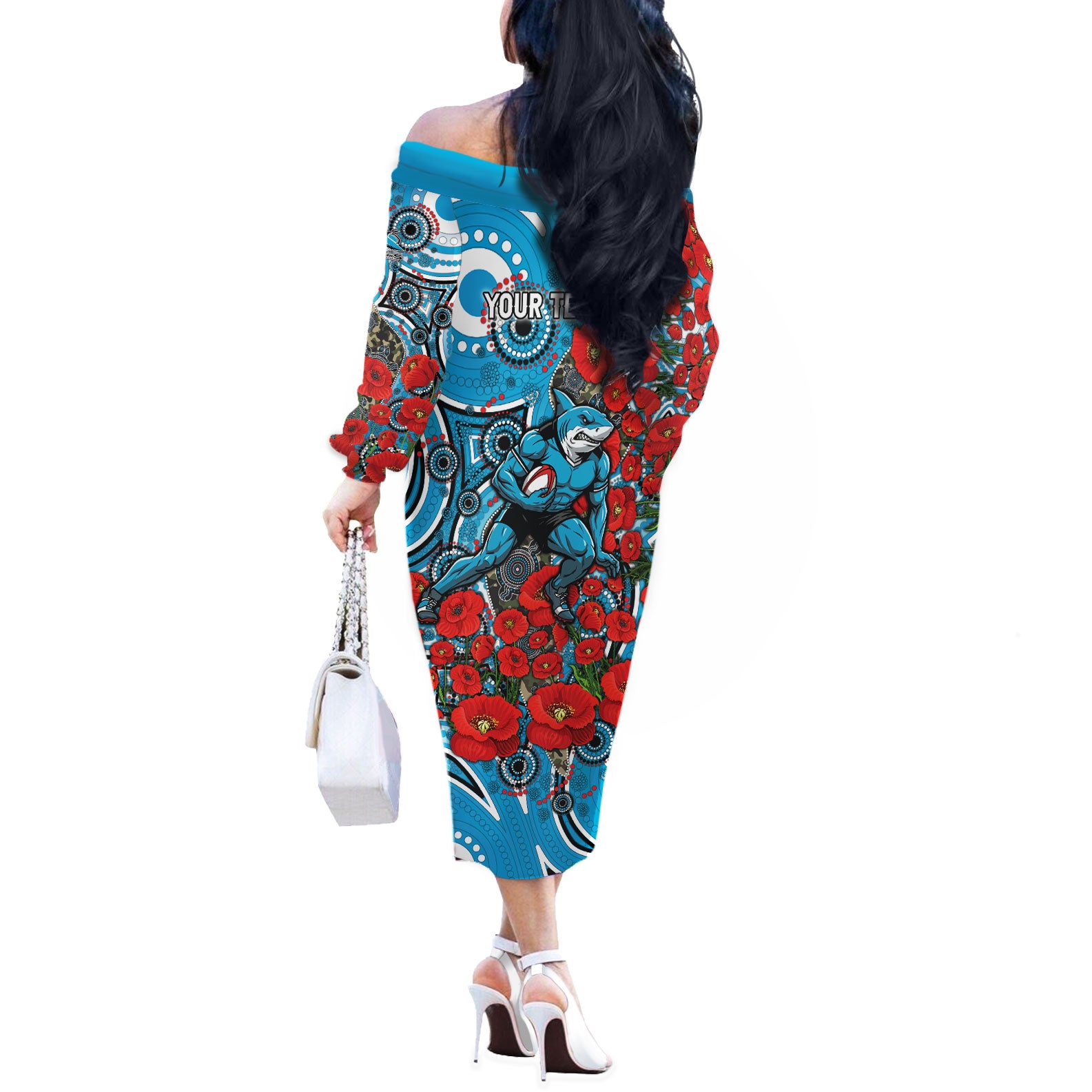 Personalised Cronulla Sharks ANZAC Off The Shoulder Long Sleeve Dress Indigenous Wave Pattern Poppy Remembrance Shark Warrior