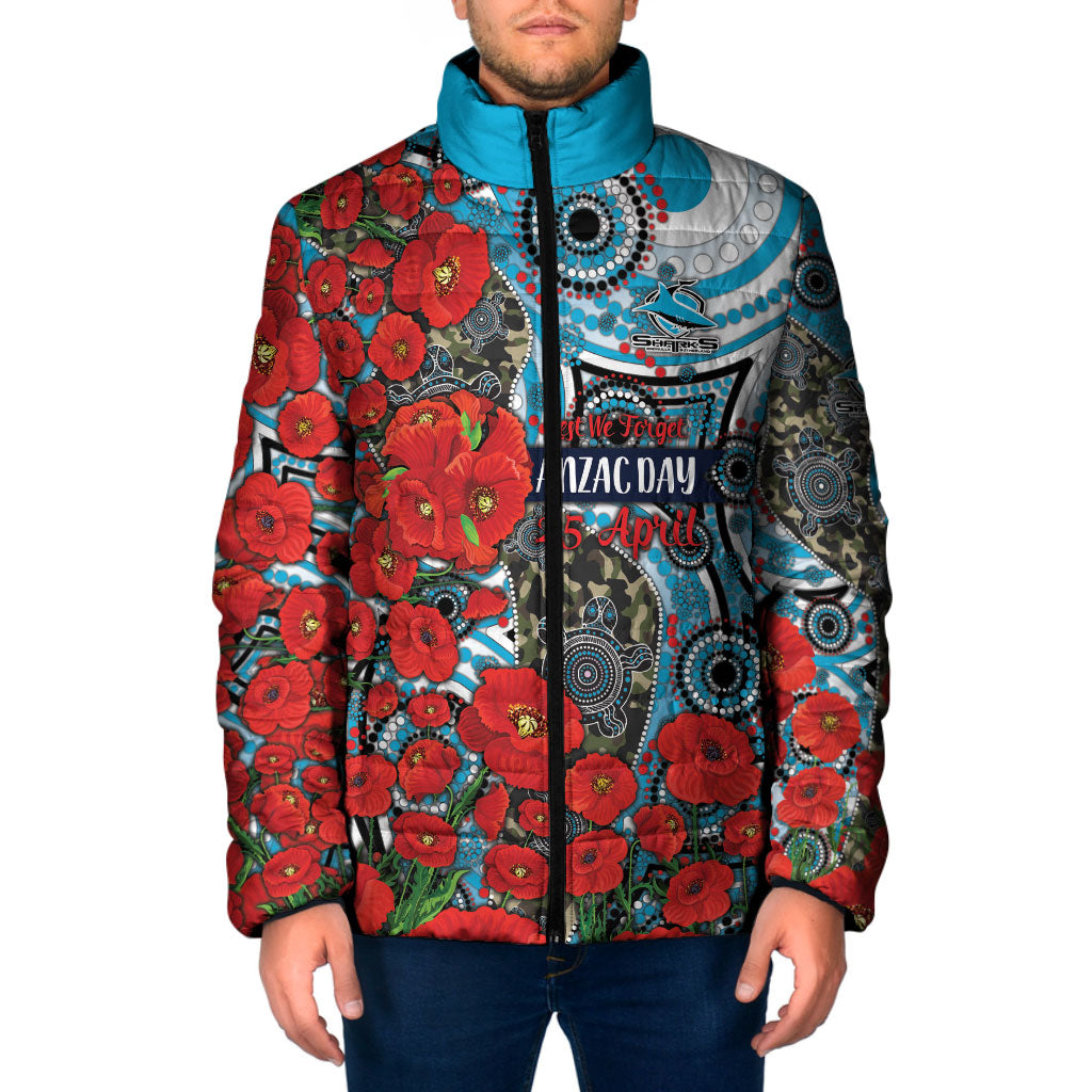 Personalised Cronulla Sharks ANZAC Padded Jacket Indigenous Wave Pattern Poppy Remembrance Shark Warrior