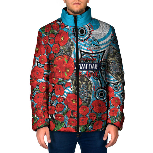Personalised Cronulla Sharks ANZAC Padded Jacket Indigenous Wave Pattern Poppy Remembrance Shark Warrior